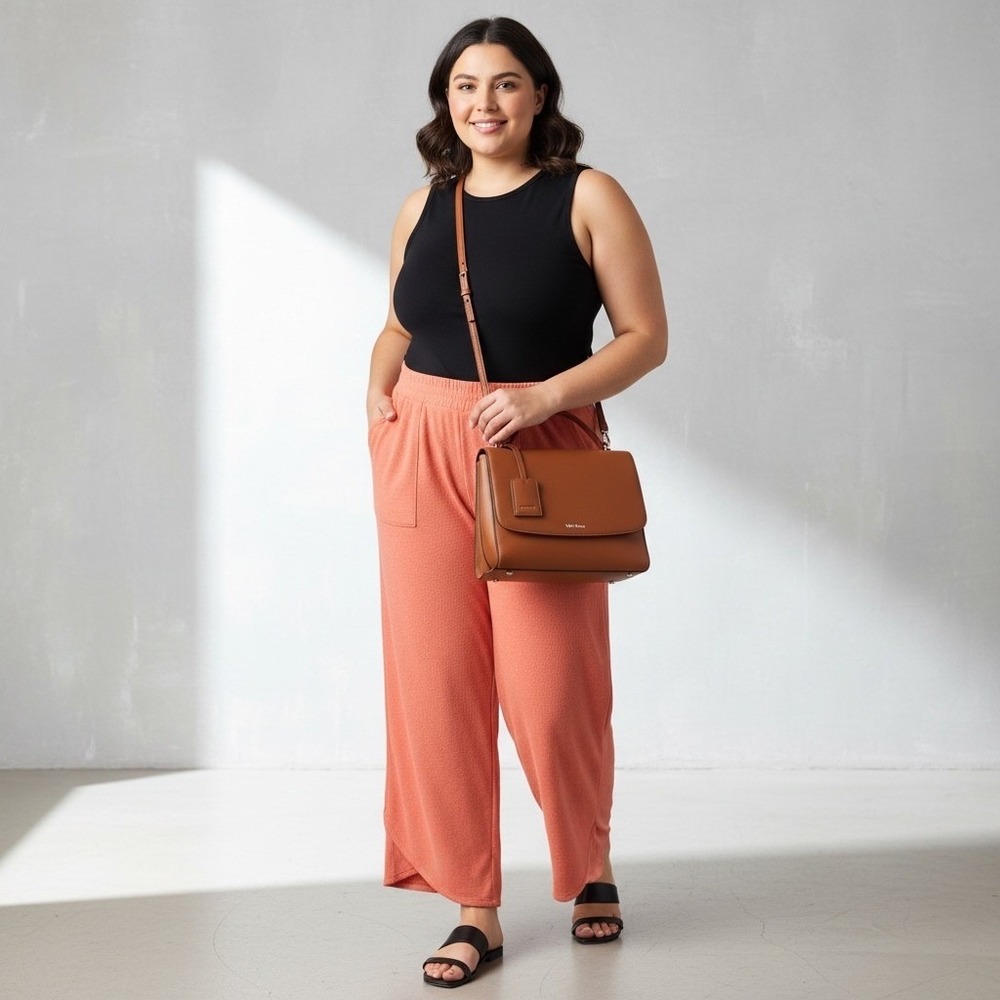 AnyBody Lg Petite Coral Soft Knit Crop Lounge Pants Wide Leg Tulip Hem Pocket